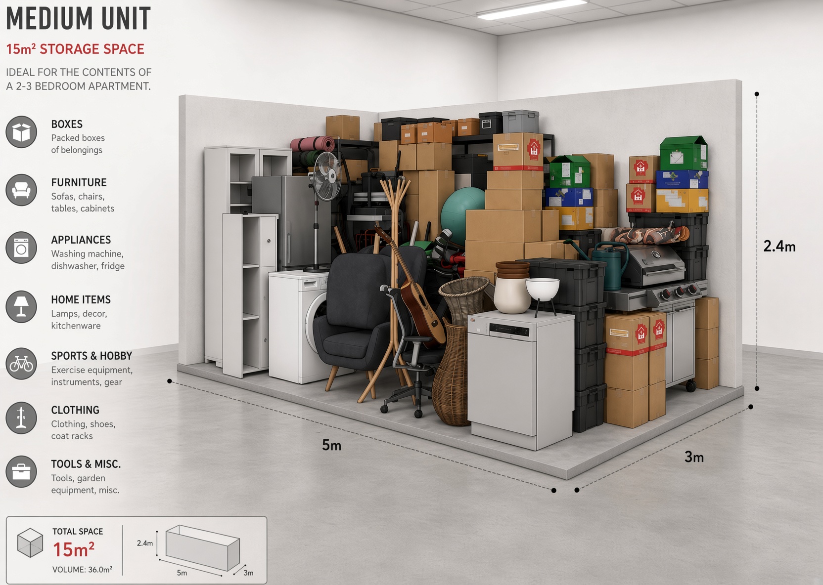 Cut-away view of a 15 m² storage unit packed with appliances, furniture and stacked boxes