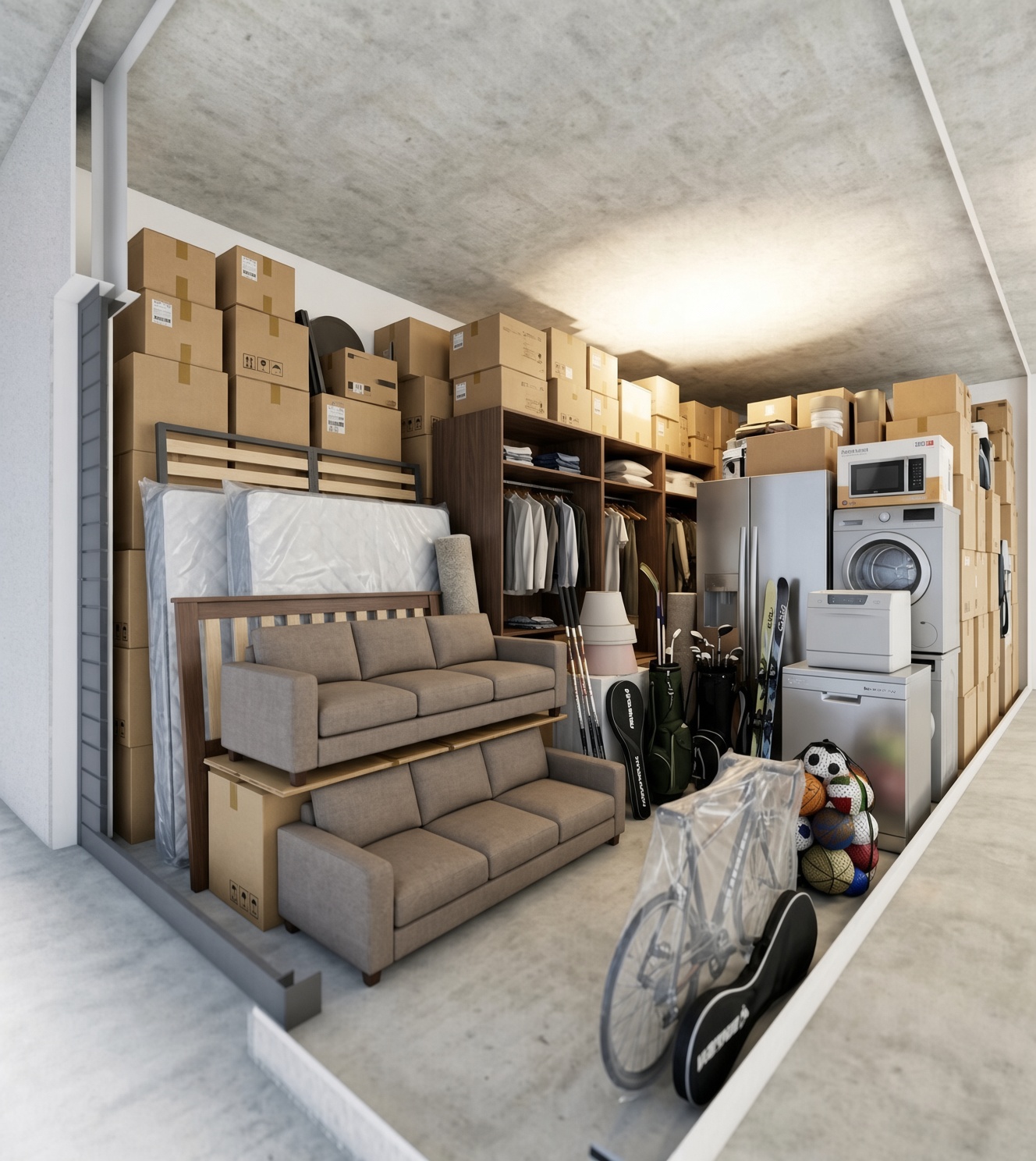 Filled storage unit showing a large bay packed with sofas, beds, appliances, fridge, washing machine, bicycle and sports gear