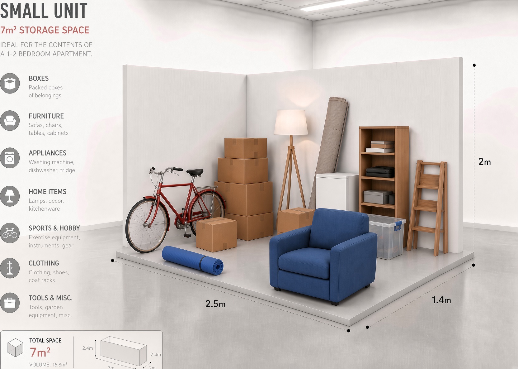 Cut-away view of a 7 m² storage unit holding a bicycle, boxes, an armchair and a bookshelf