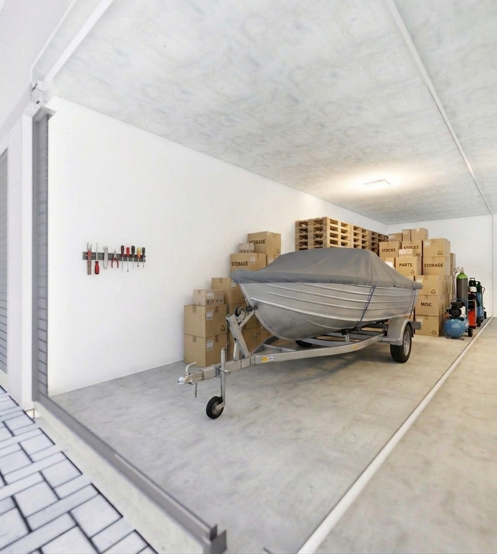 Filled warehouse bay showing a boat on a trailer, stacked boxes, pallets, tools and industrial equipment