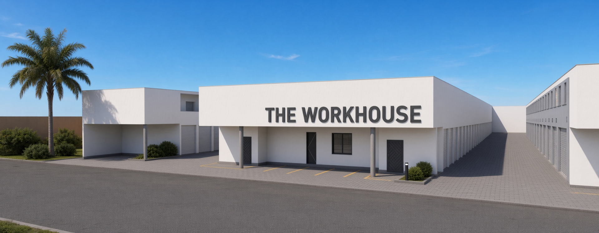 The Workhouse storage park entrance with rows of roller-door units